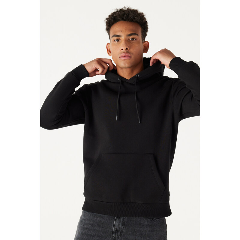 AC&Co / Altınyıldız Classics Men's Black Standard Fit Regular Cut Inner Fleece 3 Thread Hooded Cotton Sweatshirt