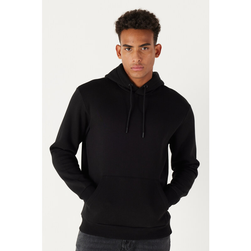 AC&Co / Altınyıldız Classics Men's Black Standard Fit Regular Cut Inner Fleece 3 Thread Hooded Cotton Sweatshirt