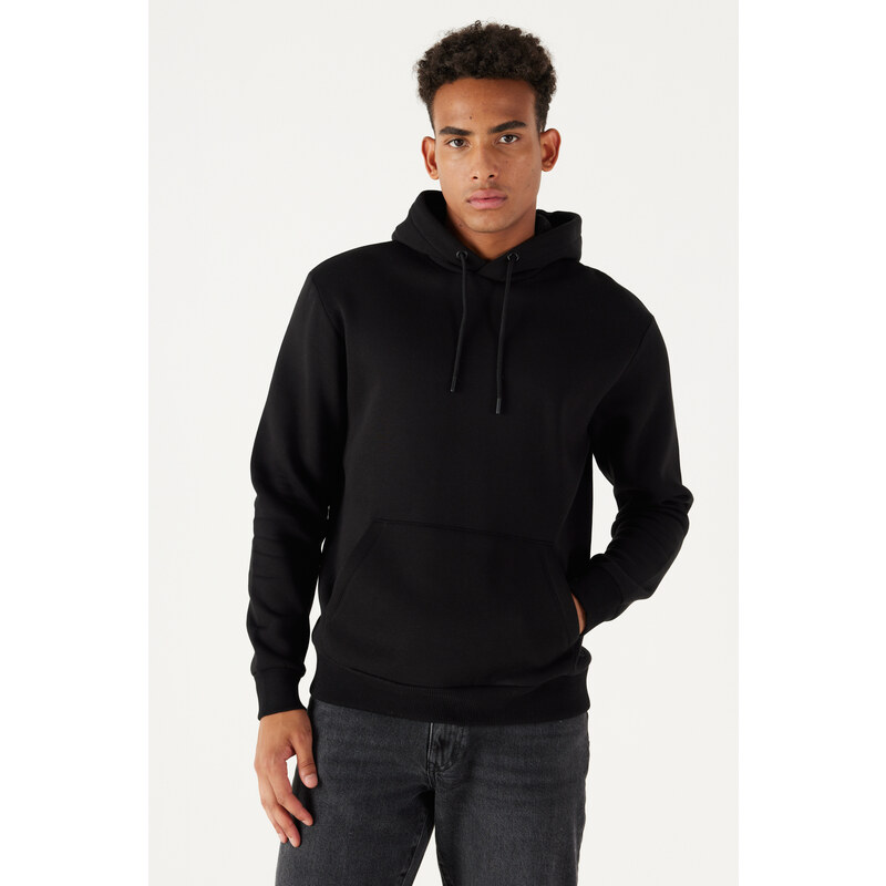 AC&Co / Altınyıldız Classics Men's Black Standard Fit Regular Cut Inner Fleece 3 Thread Hooded Cotton Sweatshirt