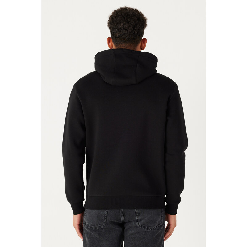 AC&Co / Altınyıldız Classics Men's Black Standard Fit Regular Cut Inner Fleece 3 Thread Hooded Cotton Sweatshirt