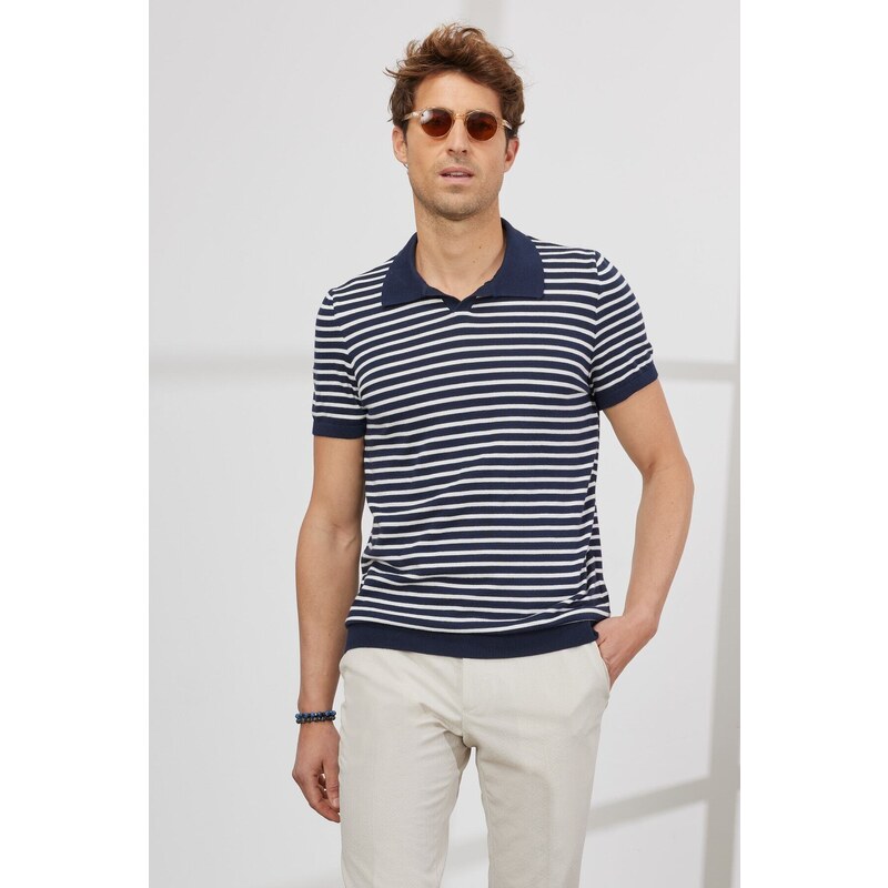 AC&Co / Altınyıldız Classics Men's Navy Blue-White Standard Fit Regular Cut Polo Neck 100% Cotton Short Sleeves Striped Knitwear T-Shirt.