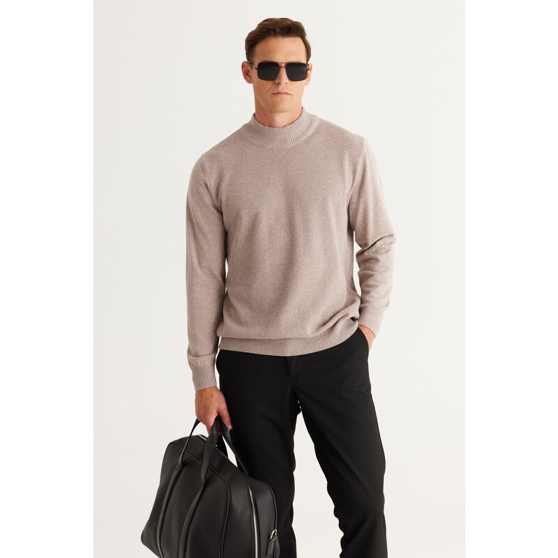 ALTINYILDIZ CLASSICS Men's Mink Standard Fit Normal Cut Half Turtleneck Cotton Knitwear Sweater.