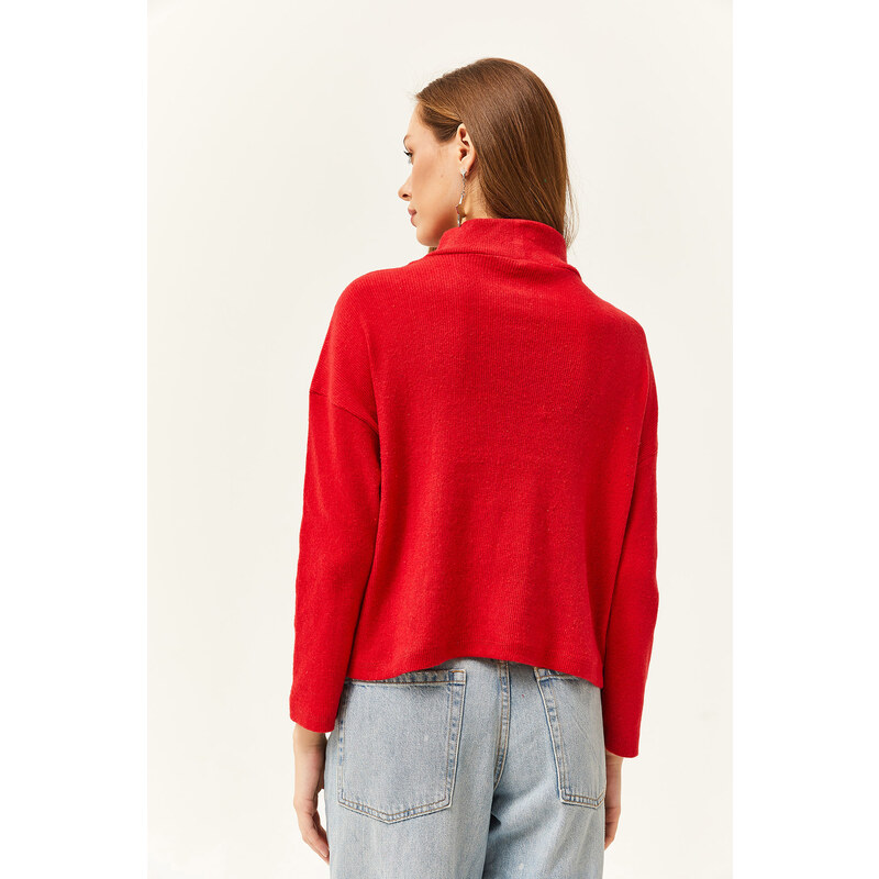 Olalook Dámský červený zip s vysokým výstřihem zvýšený svetr