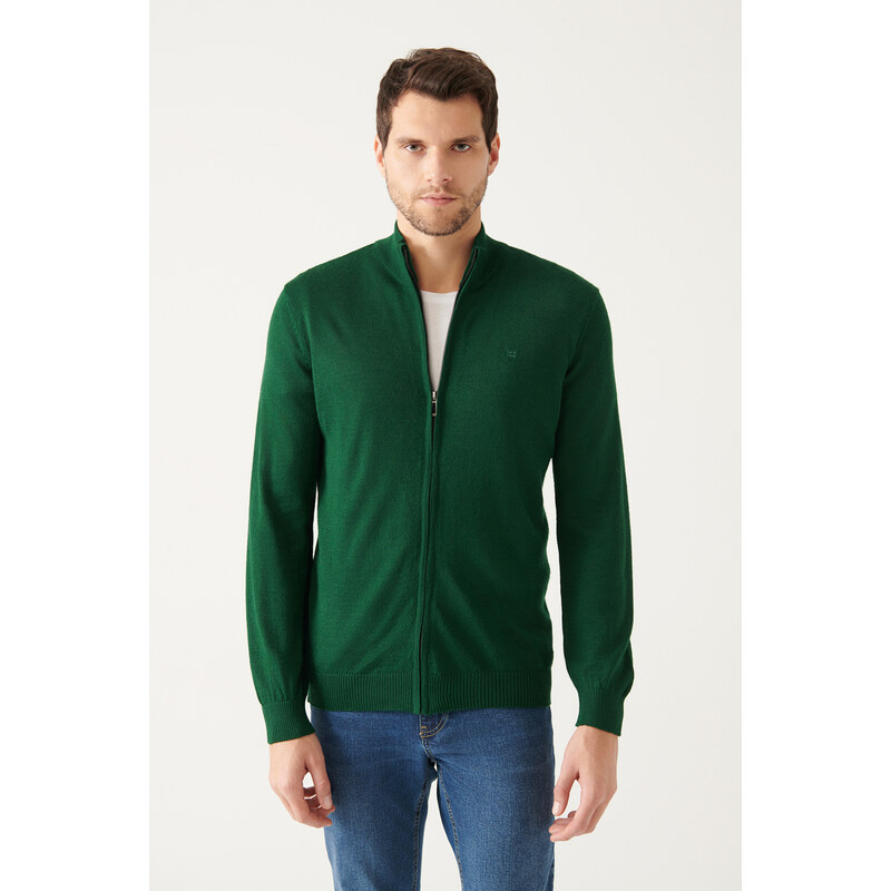 Avva Men's Green Wool Blended Half Zipper High Neck Regular Fit Cardigan