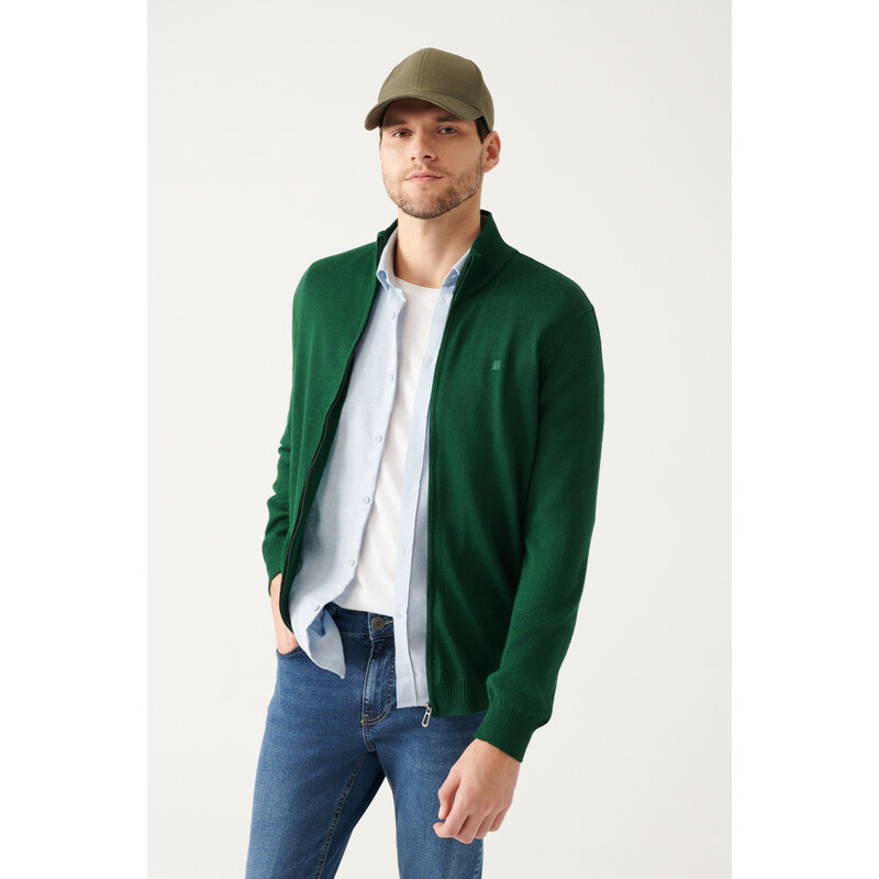 Avva Men's Green Wool Blended Half Zipper High Neck Regular Fit Cardigan