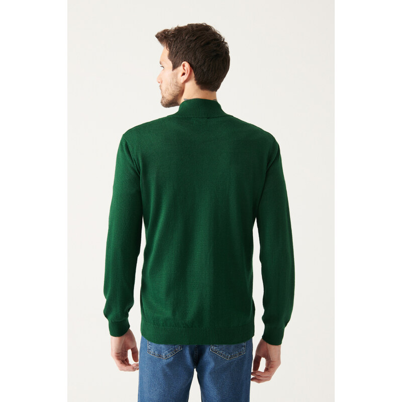 Avva Men's Green Wool Blended Half Zipper High Neck Regular Fit Cardigan