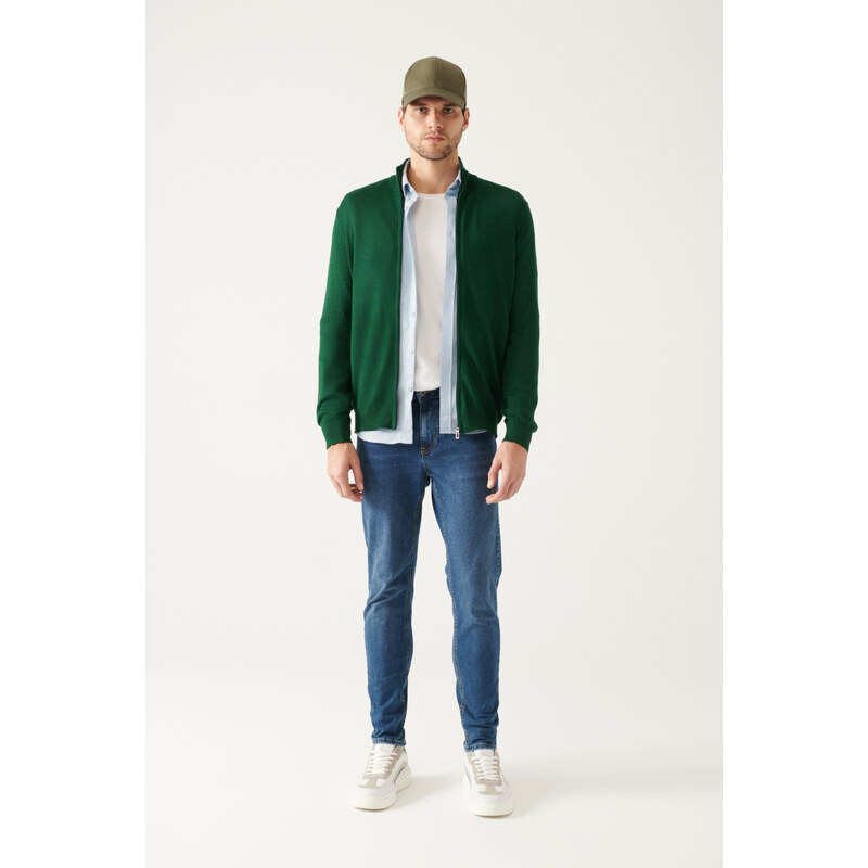 Avva Men's Green Wool Blended Half Zipper High Neck Regular Fit Cardigan