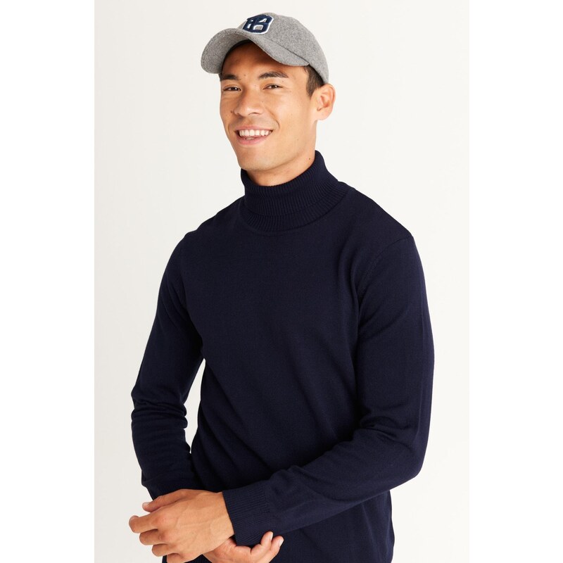 ALTINYILDIZ CLASSICS Men's Navy Blue Standard Fit Normal Cut Anti-Pilling Full Turtleneck Knitwear Sweater.