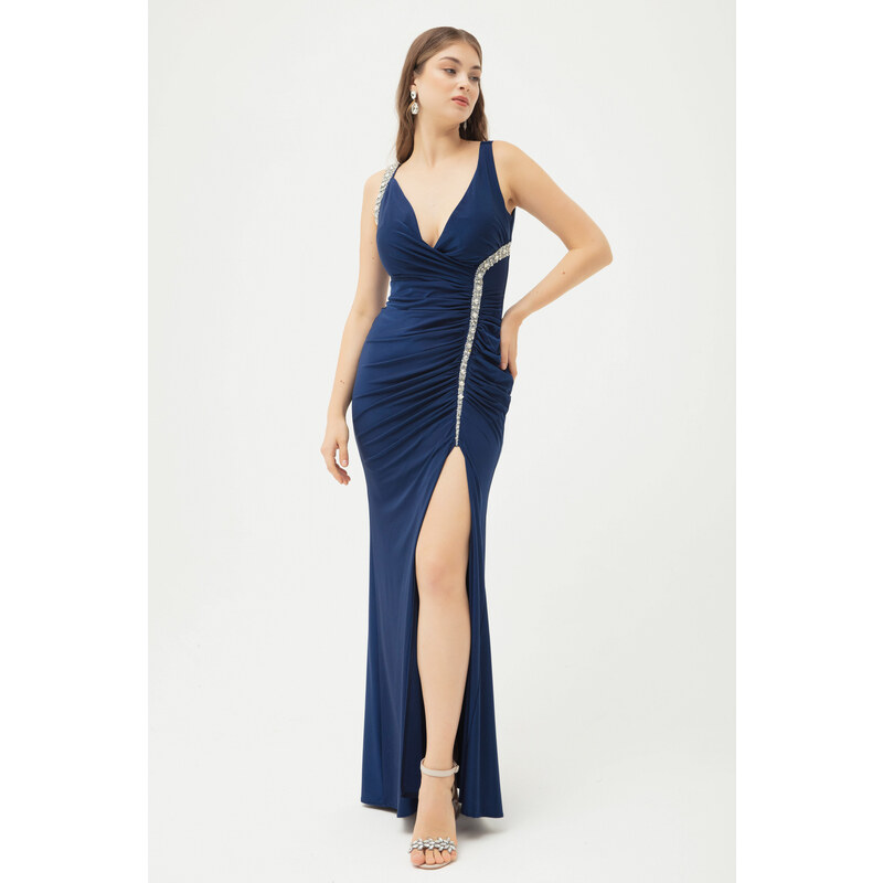 Lafaba Women's Navy Blue Stone Strap Long Evening Dress