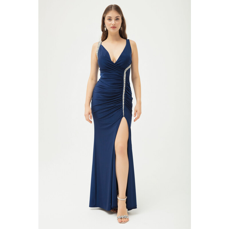 Lafaba Women's Navy Blue Stone Strap Long Evening Dress