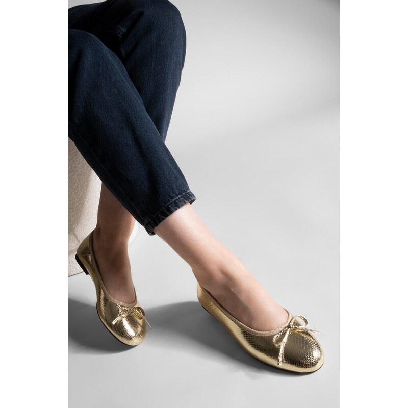 Marjin Women's Daily Flats Metallic Round Toe Ballerina Flats Adusa Golden Snake