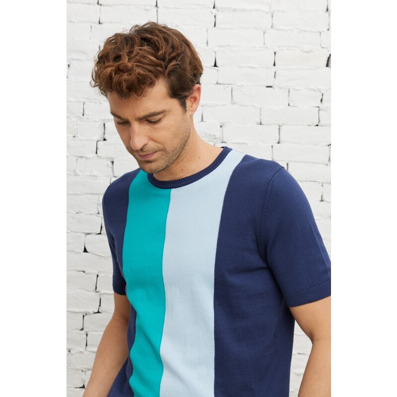 AC&Co / Altınyıldız Classics Men's Navy Blue Standard Fit Regular Fit Crew Neck 100% Cotton Striped Short Sleeve Knitwear T-Shirt