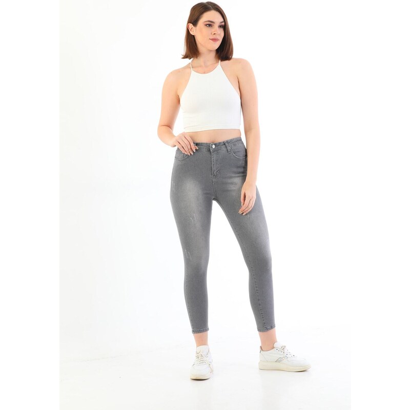 BİKELİFE Gray Nail Detail Plus Size High Waist Lycra Denim Trousers.