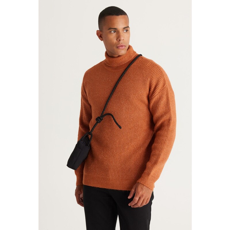 AC&Co / Altınyıldız Classics Men's Cinnamon Oversize Loose Cut Full Turtleneck Patterned Shawl Soft Textured Knitwear Sweater