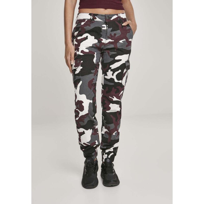 UC Ladies Dámské kalhoty Camo Cargo s vysokým pasem s vínovou maskou