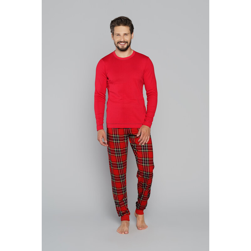 Italian Fashion Pánské pyžamo Narwik, dlouhý rukáv, dlouhé kalhoty - červená/potisk