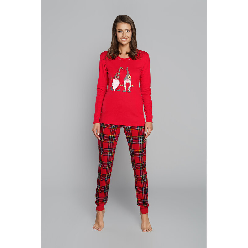 Italian Fashion Dámské mikulášské pyžamo, dlouhý rukáv, dlouhé nohavice - červená/potisk
