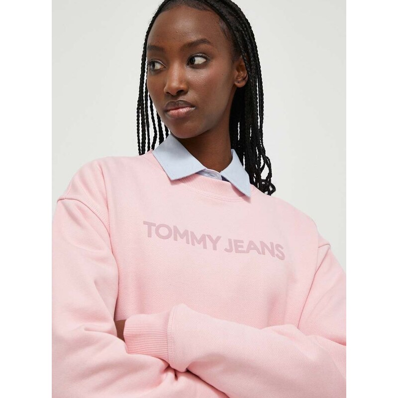 Bavlněná mikina Tommy Jeans dámská, růžová barva, s potiskem