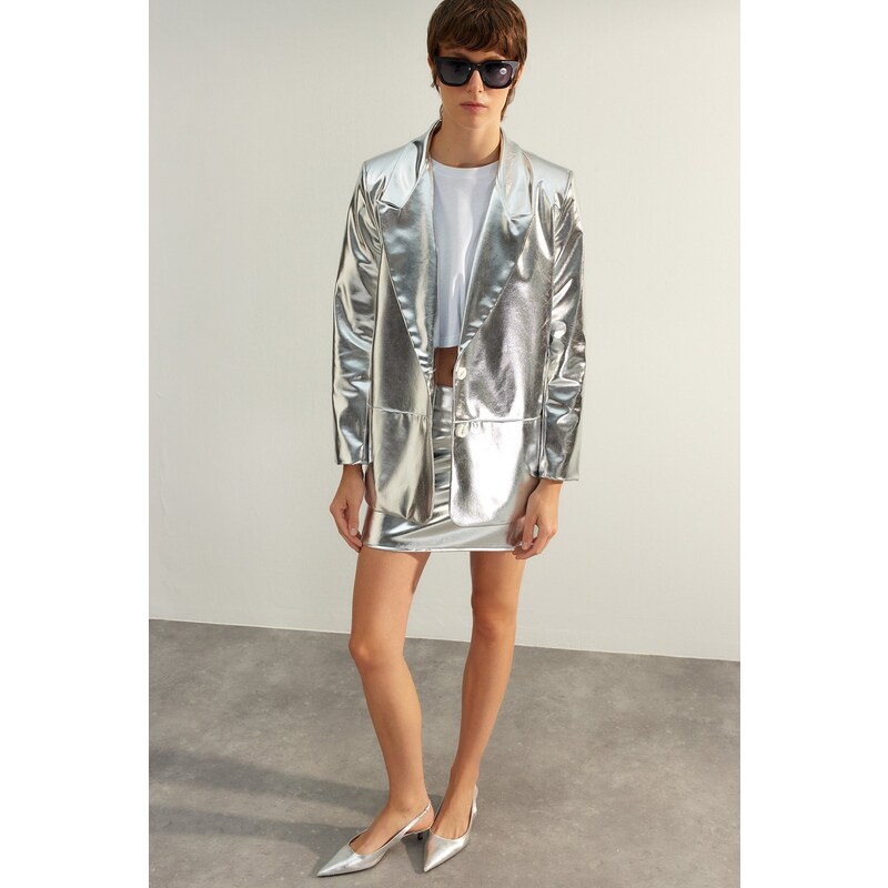 Trendyol Silver Premium Glossy Woven Blazer Jacket