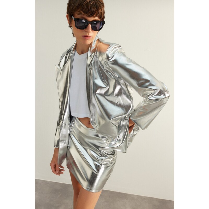 Trendyol Silver Premium Glossy Woven Blazer Jacket