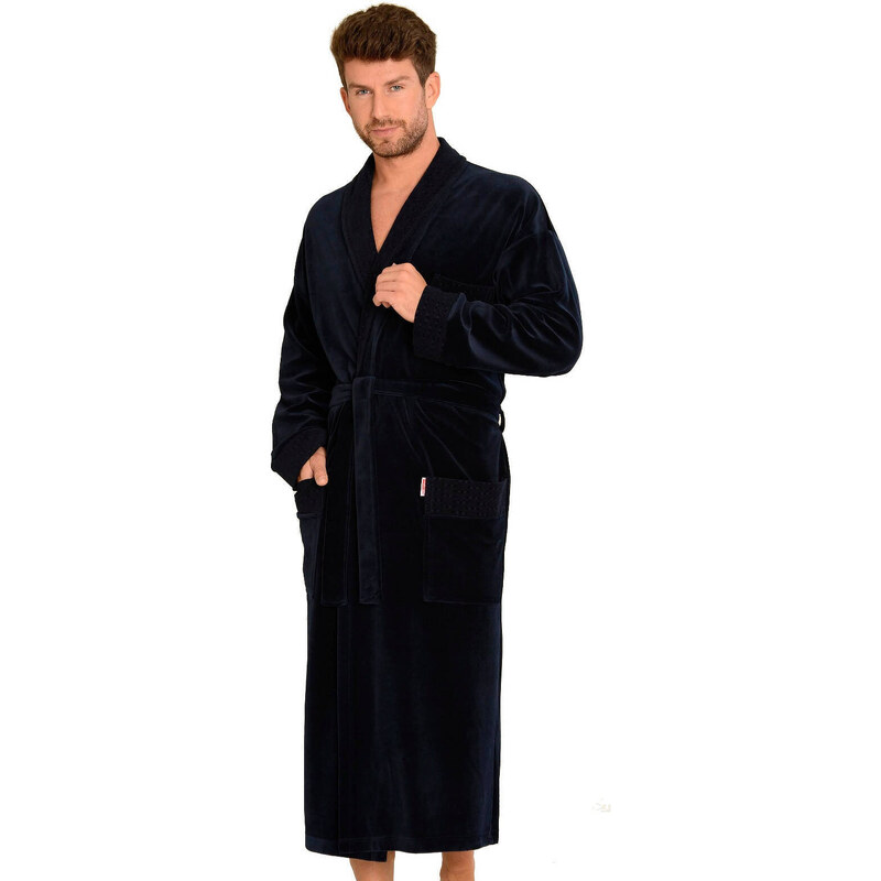 Bathrobe De Lafense 712 Men's long velour M-2XL navy blue 042