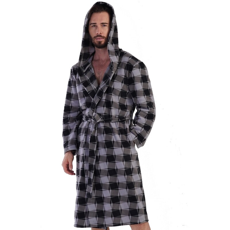 Naspani Šedý strakatý hřejivý pánský župan teplý fleece s kapucí