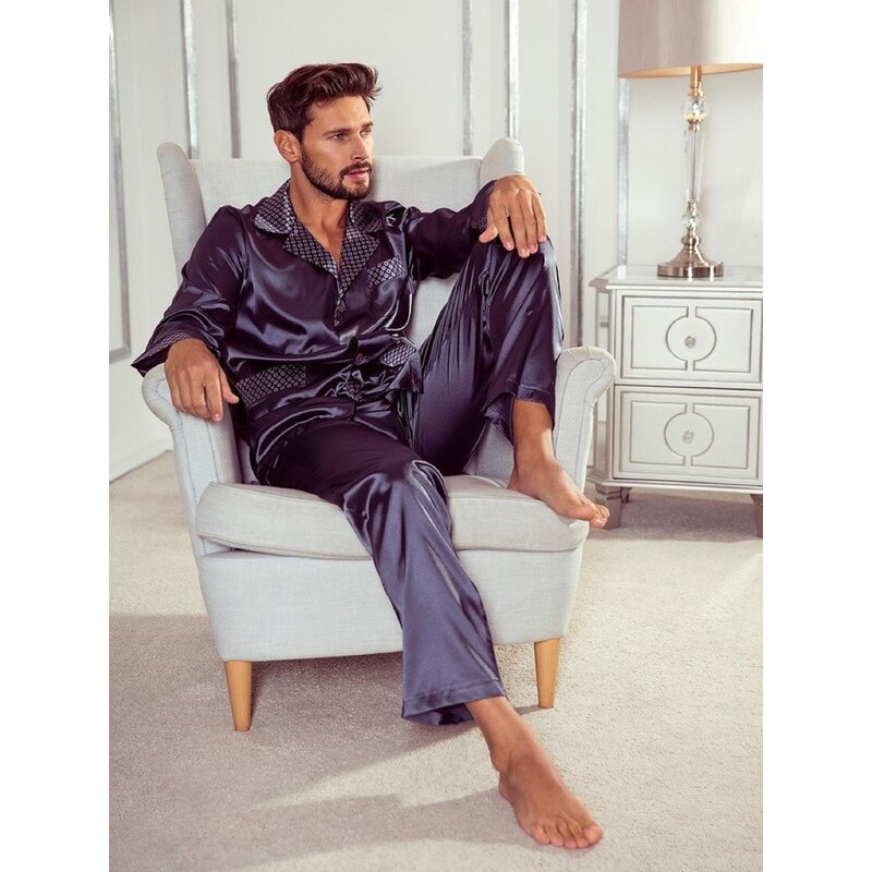 Pyjamas De Lafense 939 Satin L/R M-4XL Mens Zip-Up Navy Blue 042