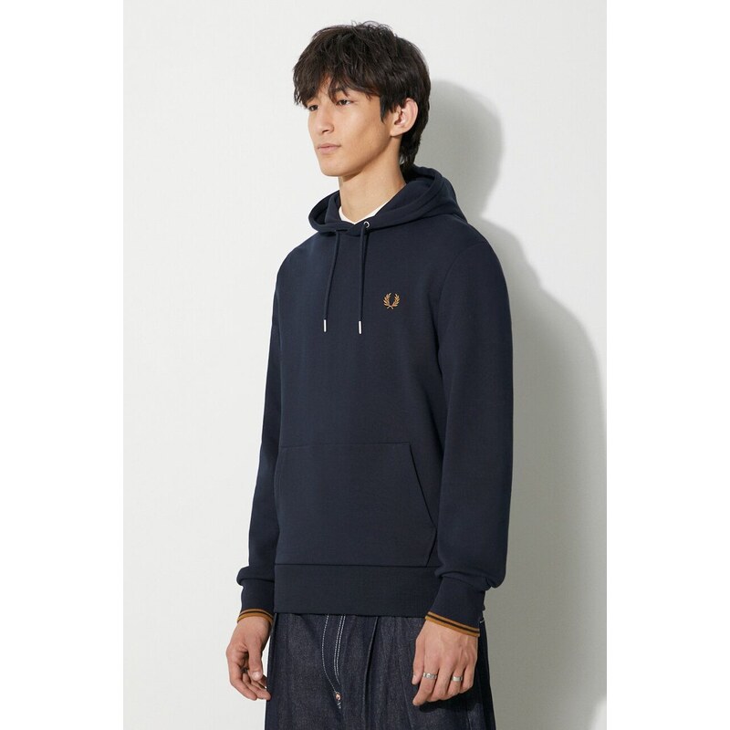 Bavlněná mikina Fred Perry pánská, tmavomodrá barva, s kapucí, hladká, M2643.R63