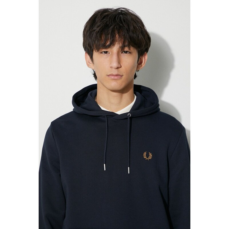 Bavlněná mikina Fred Perry pánská, tmavomodrá barva, s kapucí, hladká, M2643.R63