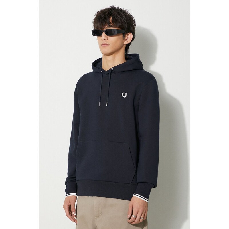 Bavlněná mikina Fred Perry pánská, tmavomodrá barva, s kapucí, s aplikací, M2643.248