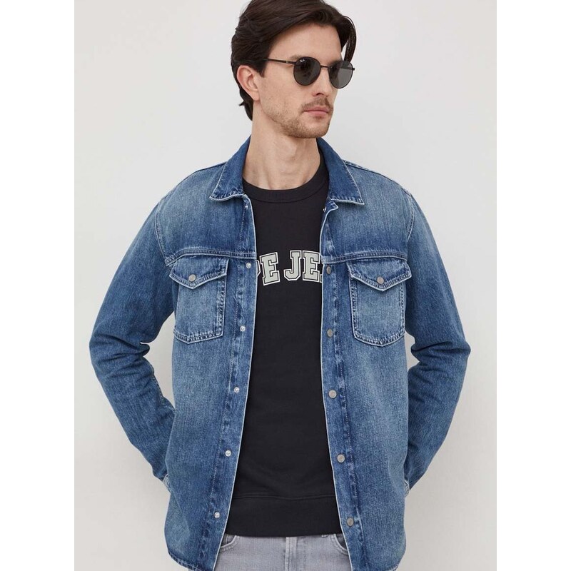 Džínová košile Pepe Jeans Dave Liberty pánská, tmavomodrá barva, regular, s klasickým límcem