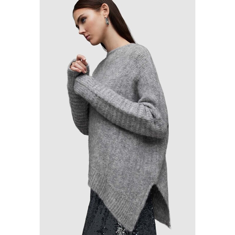 Vlněný svetr AllSaints Selena šedá barva, hřejivý, s pologolfem