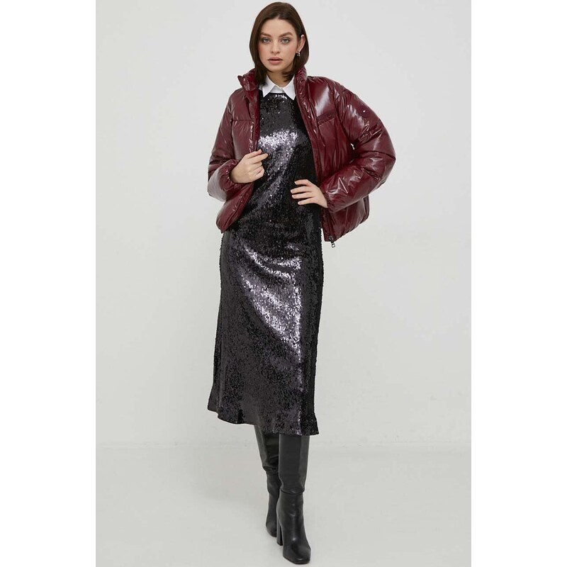 Péřová bunda Tommy Hilfiger dámská, vínová barva, zimní