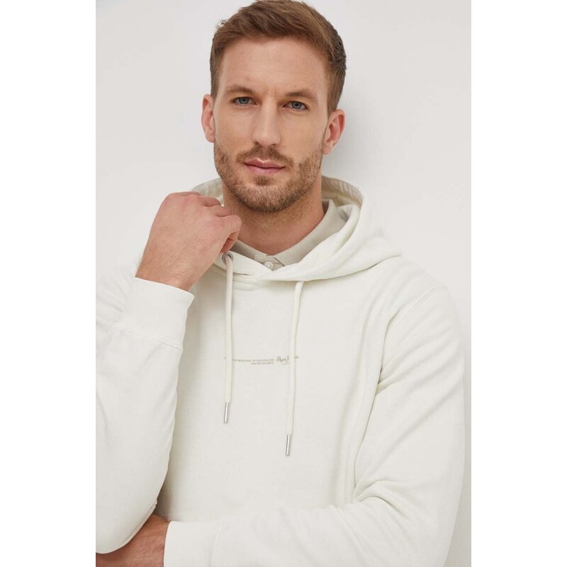 Bavlněná mikina Pepe Jeans Dave Hoodie pánská, béžová barva, s kapucí, s potiskem