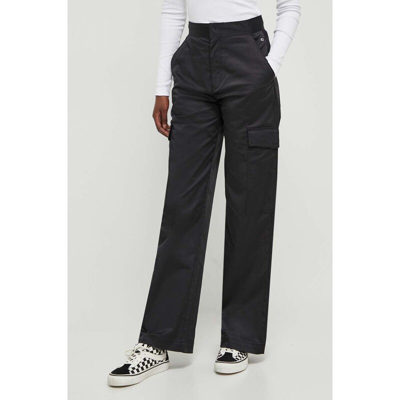 Kalhoty Tommy Jeans dámské, černá barva, kapsáče, high waist
