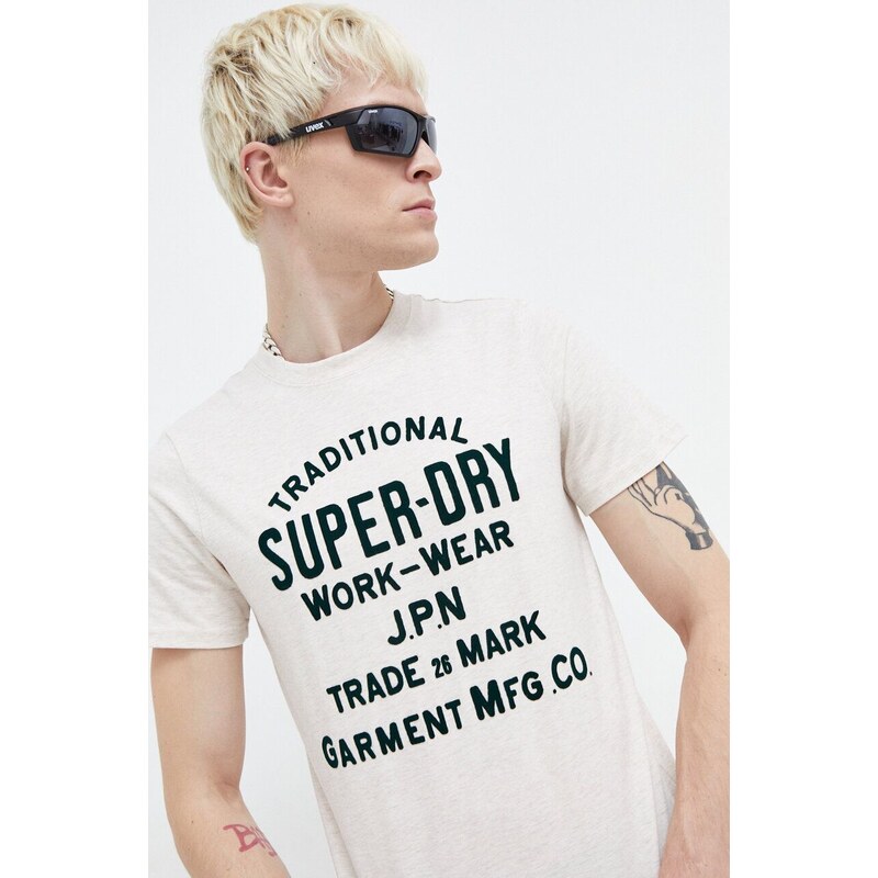 Tričko Superdry béžová barva, s potiskem