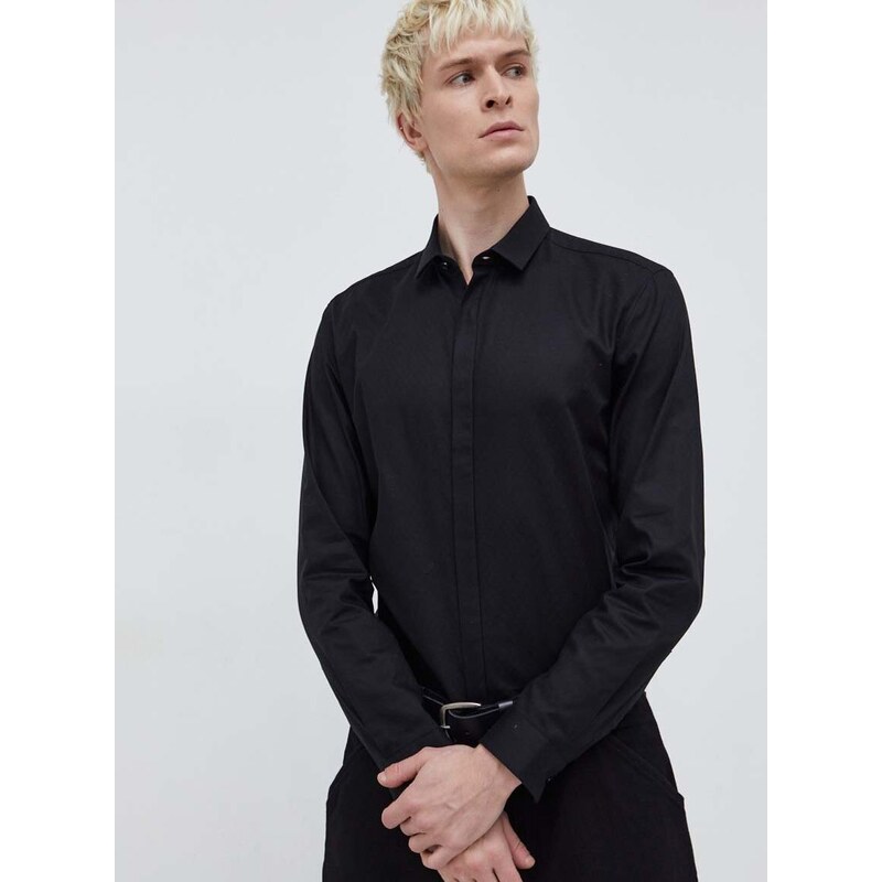 Košile HUGO černá barva, slim, s klasickým límcem