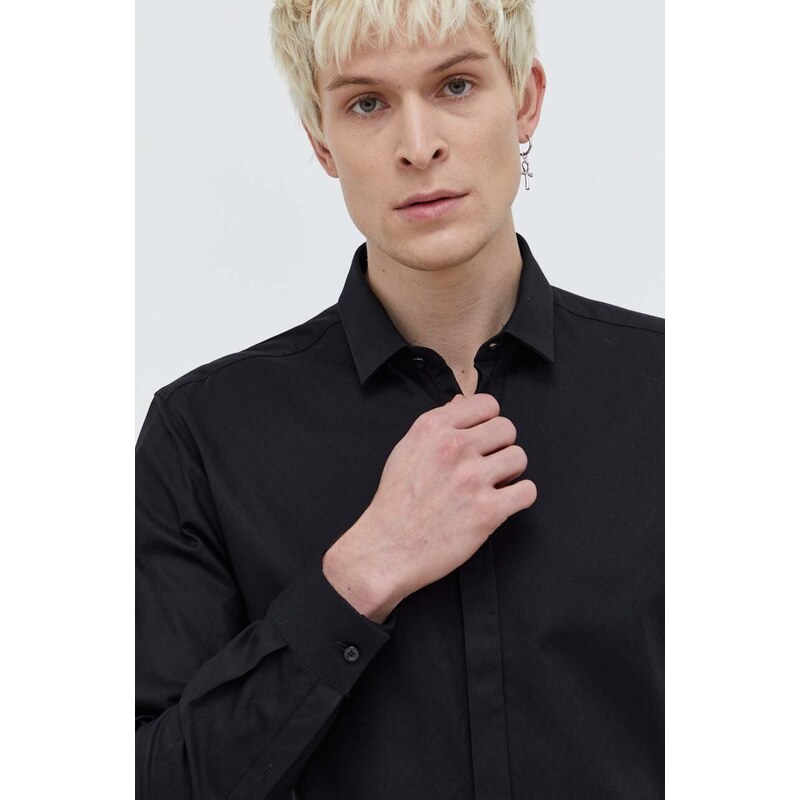 Košile HUGO černá barva, slim, s klasickým límcem