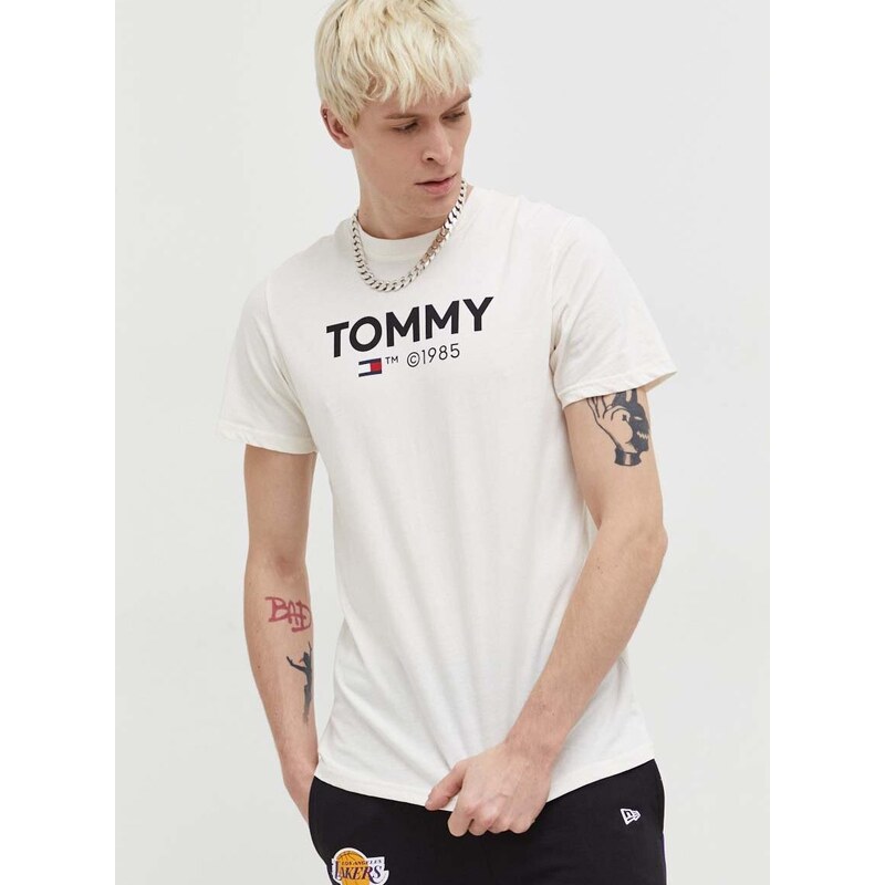 Bavlněné tričko Tommy Jeans béžová barva, s potiskem