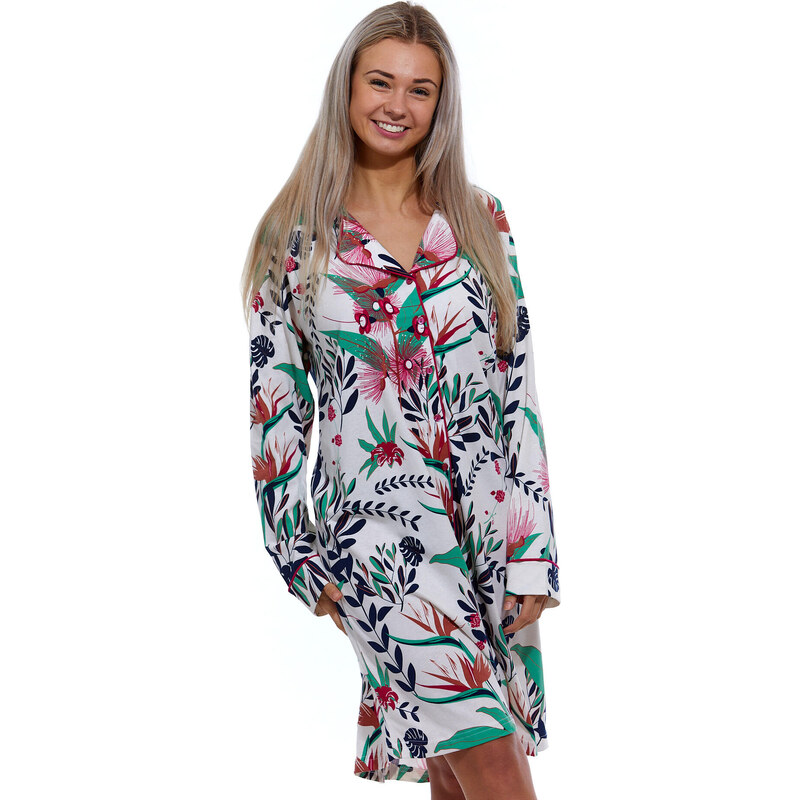 Naspani Elegantní TEPLÁ květovaná noční košile pro plnoštíhlé ženy s límečkem AMELIA 1C3531