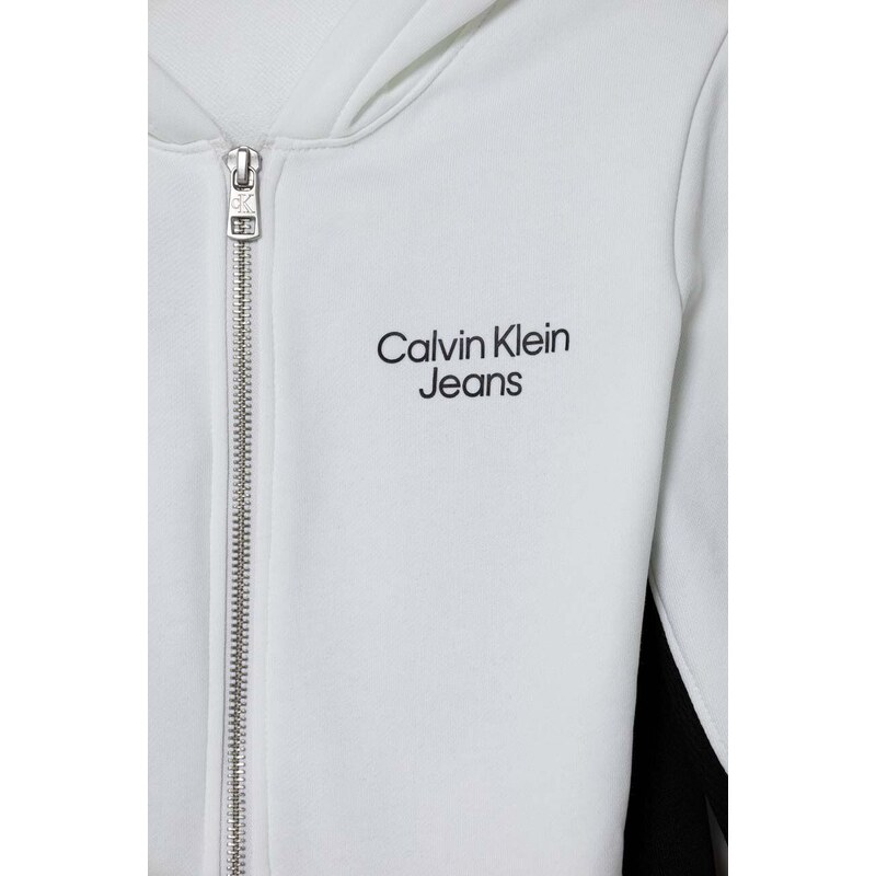 Dětská bavlněná mikina Calvin Klein Jeans bílá barva, s kapucí, vzorovaná