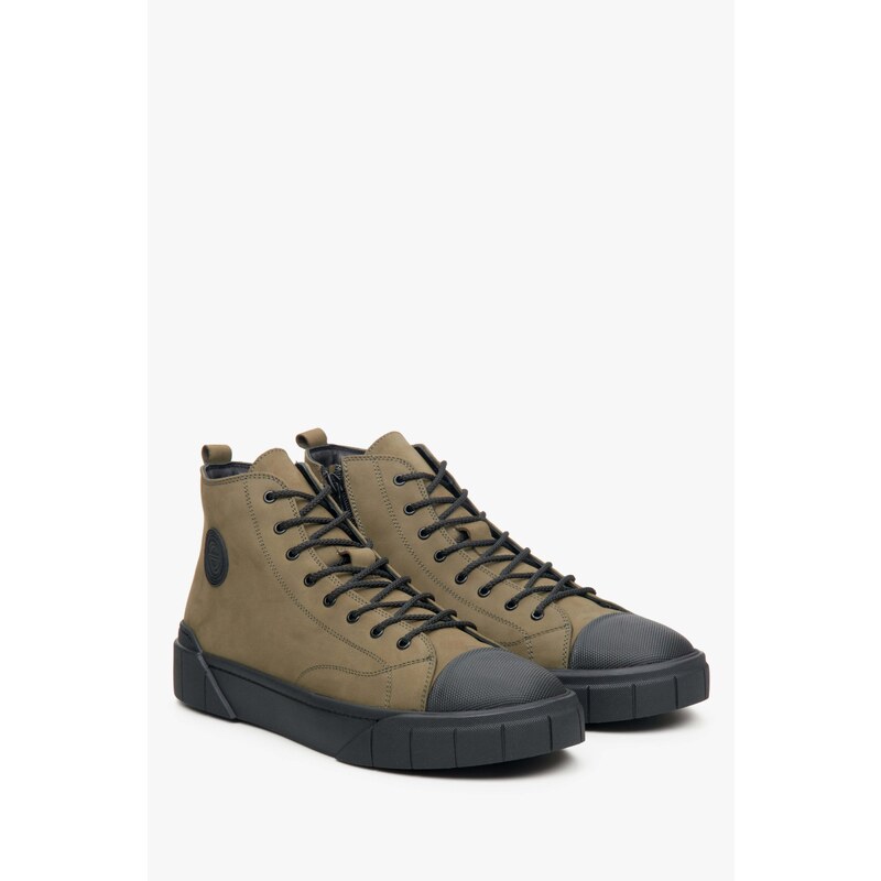 Men's Dark Green High-Top Sneakers made of Nubuck for Winter Estro ER00113913
