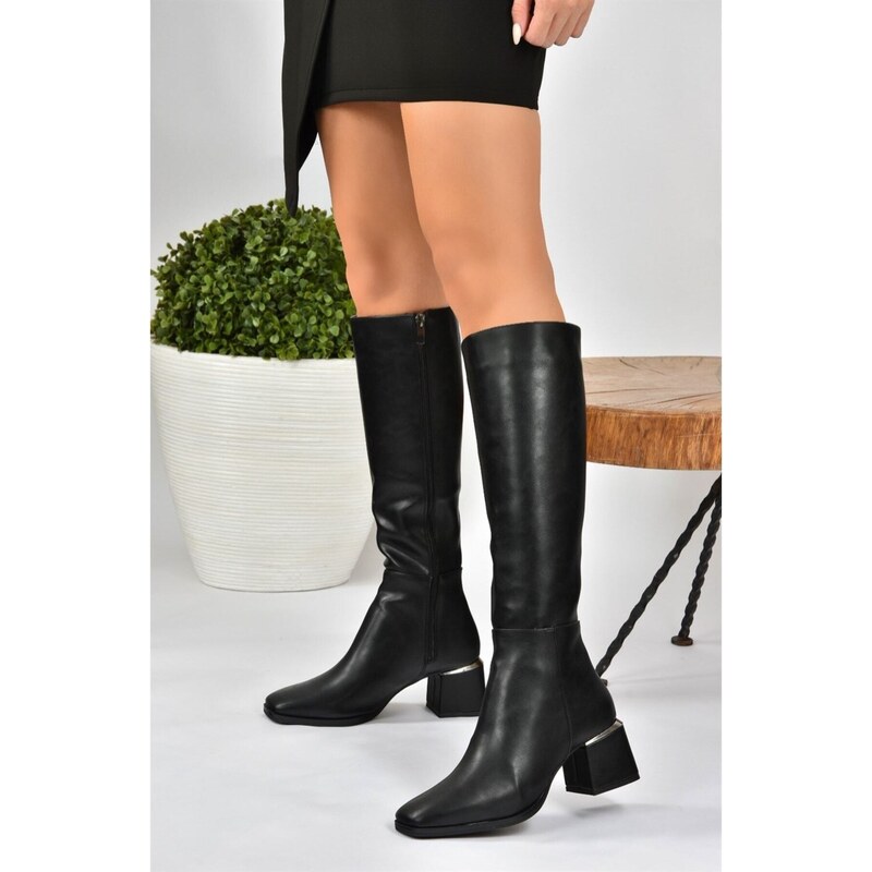 Fox Shoes Women's Black Leather Thick Heeled Boots