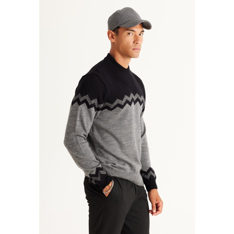 AC&Co / Altınyıldız Classics Men's Black-gray Melange Standard Fit Normal Cut Half Turtleneck Zigzag Pattern Knitwear Sweater.