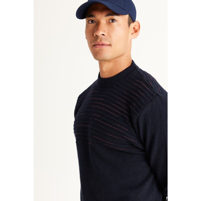 AC&Co / Altınyıldız Classics Men's Navy Blue-burgundy Standard Fit Regular Cut Half Turtleneck Knitwear Sweater