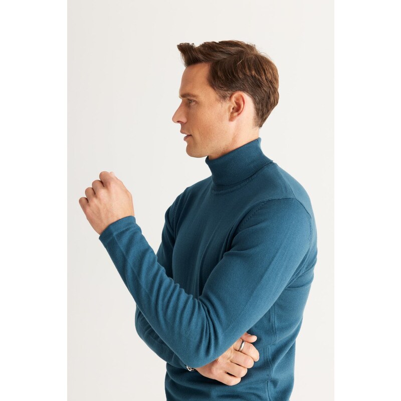 ALTINYILDIZ CLASSICS Men's Petrol Standard Fit Regular Fit Full Turtleneck Knitwear Sweater