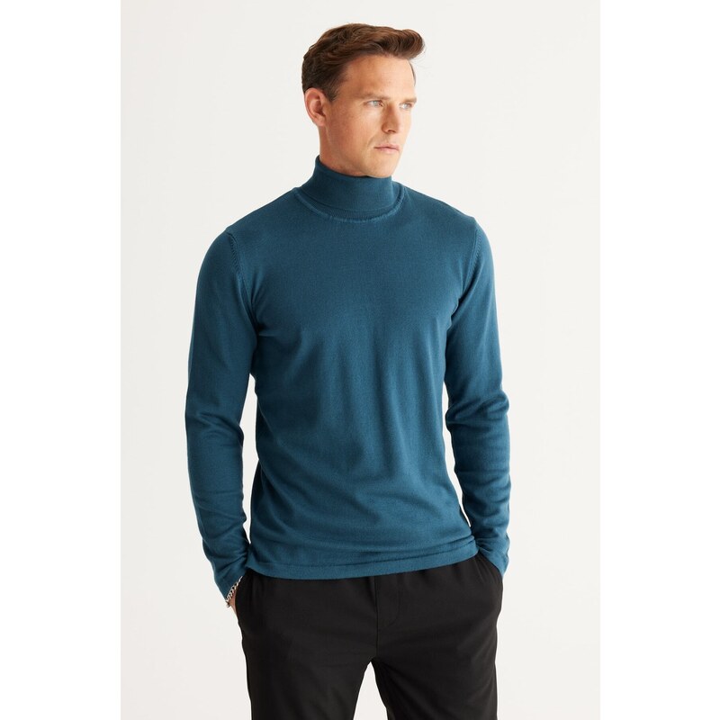 ALTINYILDIZ CLASSICS Men's Petrol Standard Fit Regular Fit Full Turtleneck Knitwear Sweater