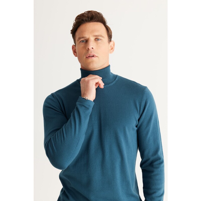 ALTINYILDIZ CLASSICS Men's Petrol Standard Fit Regular Fit Full Turtleneck Knitwear Sweater