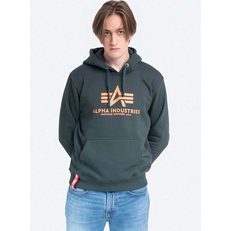 Mikina Alpha Industries Basic Hoody pánská, zelená barva, s kapucí, s potiskem, 178312.353