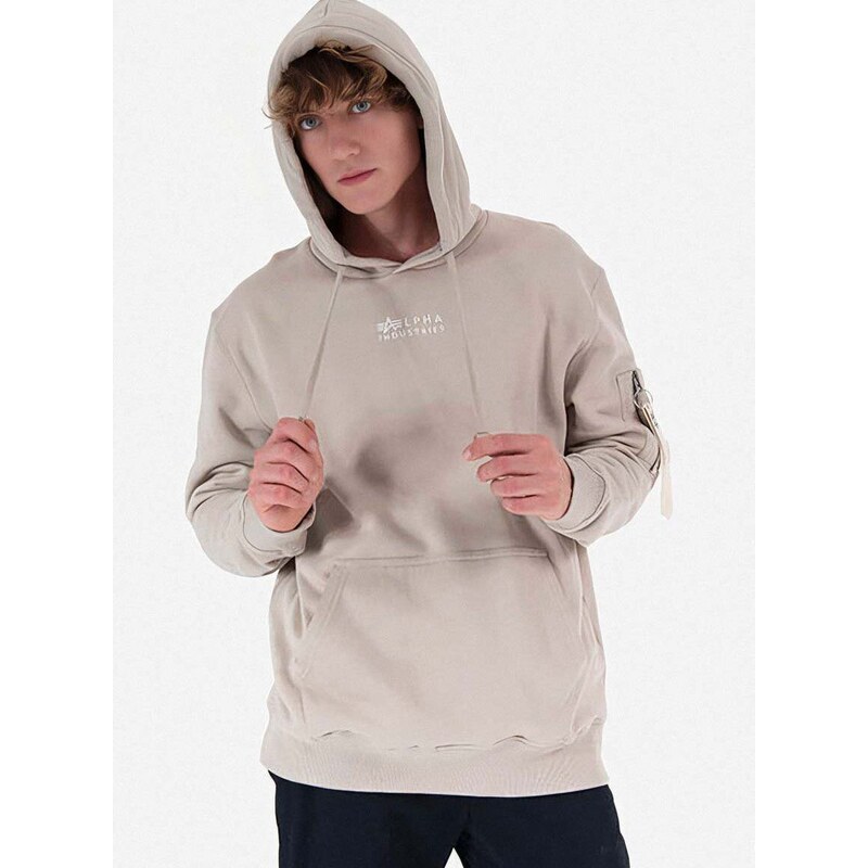 Bavlněná mikina Alpha Industries Organics EMB Hoody pánská, šedá barva, s kapucí, s aplikací, 118350.627-grey